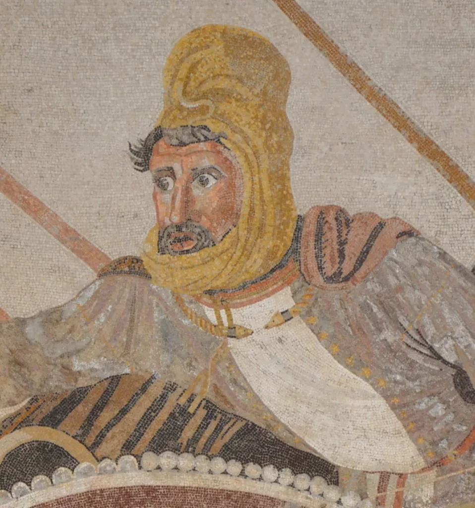 Depiction of Darius III during the Battle of Issus in the Alexander Mosaic (c. 100 BC)