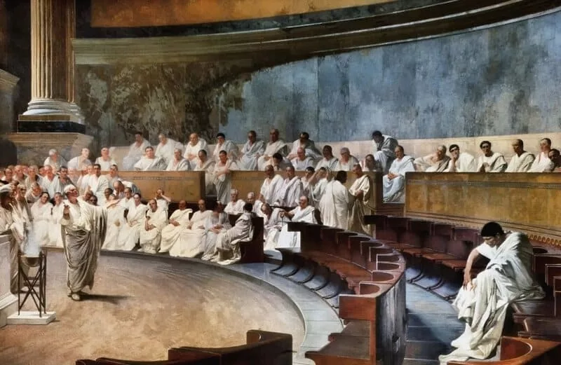 Artist’s impression of the Senate in session; Cicero delivering his oration Catiline, from a 19th-century fresco. Source: Wikipedia