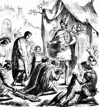 19th-century illustration of Romulus Augustus surrendering his crown in front of Odoacer. Source: Wikipedia